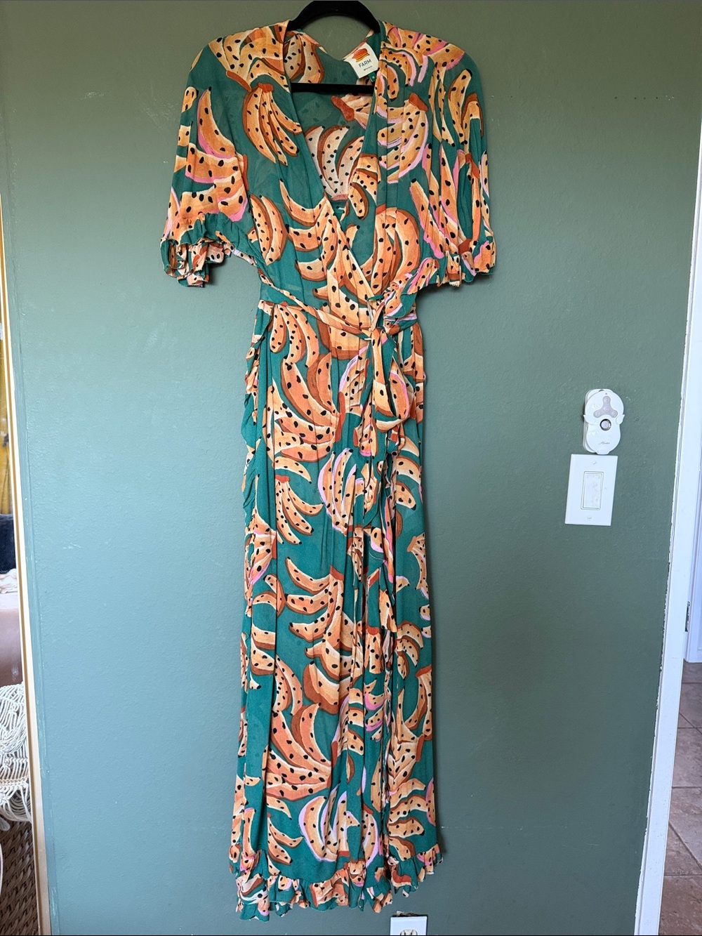 FARM Rio Green Maxi Wrap Dress with Peach Banana Print